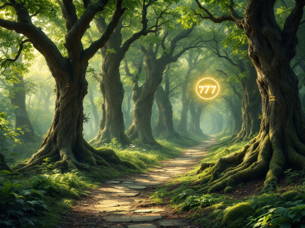 A winding forest path with numbers like 222, 333, and 777